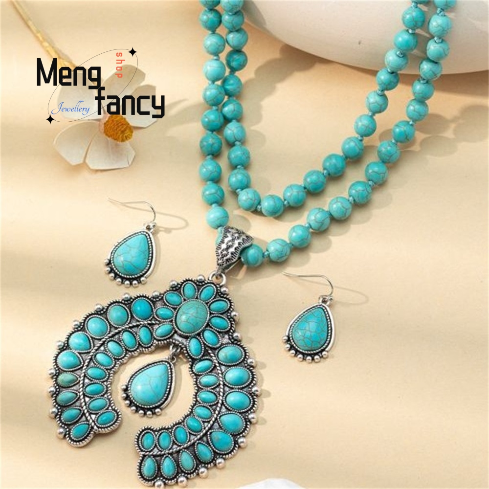 Layered Necklace Set - الرجعية ثلاث طبقات زهرة الأقراط، الأقراط