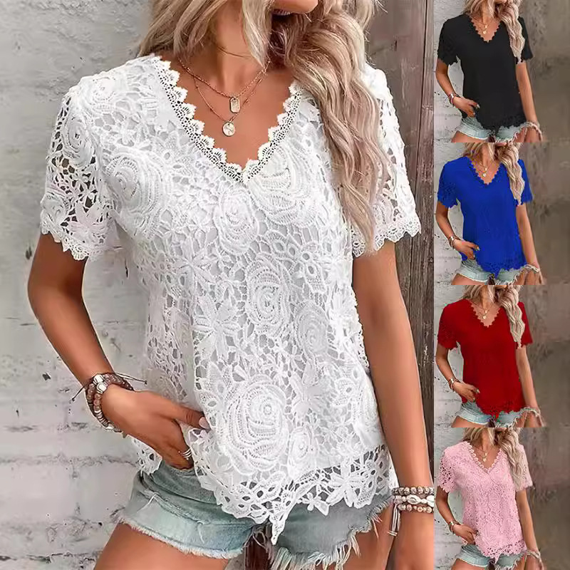 Layered Necklace Set - قميص نسائي صيفي أبيض بأكمام قصيرة